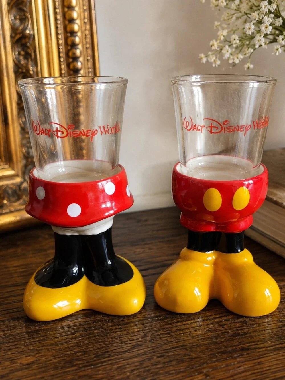 Walt Disney World Mickey & Minnie Shot Glasses with Ceramic Holders – Set of 2